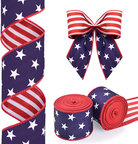 2Rolls Patriotic Wired Edge Ribbon Star and Stripes Reversible Ribbons Red White - Picture 9 of 12