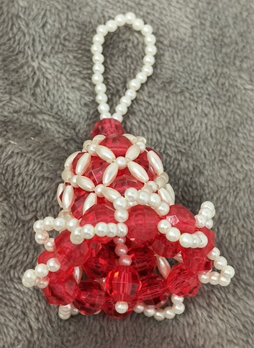 Vintage MCM 1960s Christmas Beaded Handmade Ornament Bell Red White Pearl