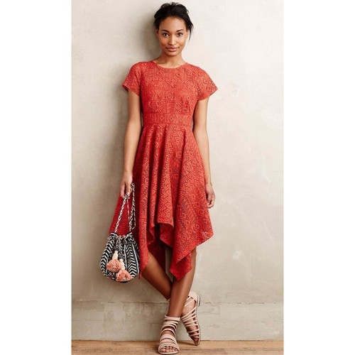 Anthropologie Maeve Red Orange Prima Asymmetric Hanky Hem Lace Dress Size 4 - Picture 2 of 10