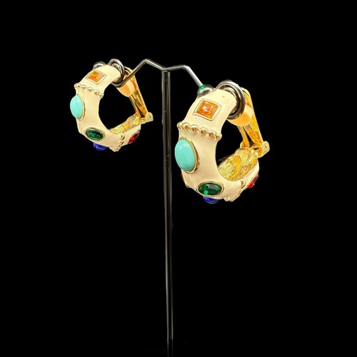Kenneth Jay Lane Enamel Jewel Tone Cabochon Half Hoop Mogul Clip On Earrings KJL - Picture 4 of 14