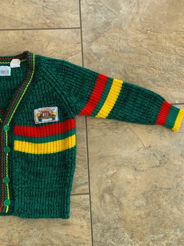 Vintage Pyramid Cardigan Sweater Boys 3T Car Patch Green Red Yellow Retro Stripe - Picture 2 of 9