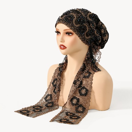 Muslim Women Lace Beaded Turban Hat Hijab Beanie Hair Loss Bonnet Head Wrap Arab - Picture 16 of 18