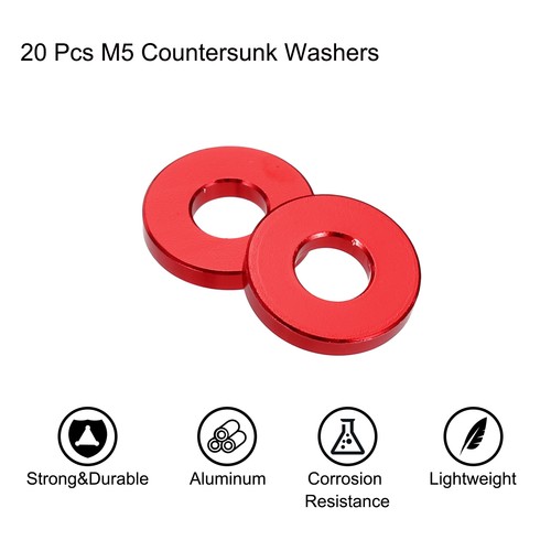 20pcs Lavatrice Piatta M5 Alluminio Anodizzato Lavatrice Svasata,5mm/0,2" Rosso - Foto 3 di 6