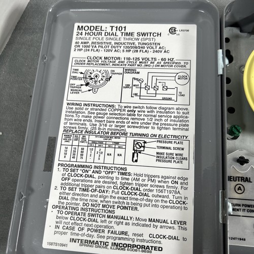 Interruptor de tiempo mecánico Intermatic reloj motor 120V 60Hz polo único T101 nuevo en caja - Imagen 5 de 8