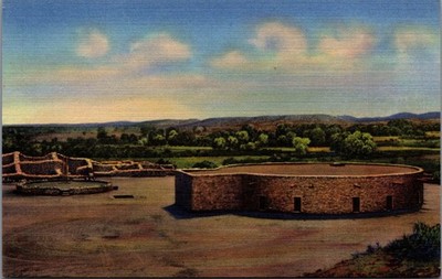 Aztec Ruins NM New Mexico Great Kiva Ceremonial Chamber Linen Postcard 1940s