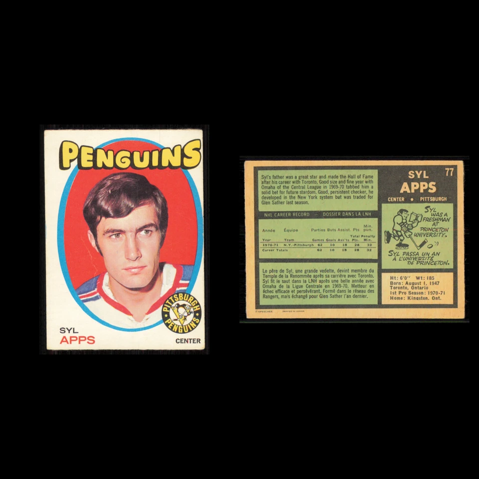 Syl Apps Jr. Rookie #77 1971 O-Pee-Chee Pittsburgh Penguins Hockey Card NHL EX - Image 3 of 3