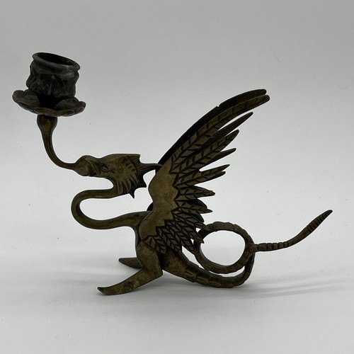 Vintage Brass Dragon Chamberstick Candleholder Tail Is Handle Adjustable Feet - Picture 3 of 12