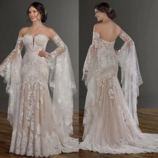 Boho Backless Mermaid Wedding Dress With Detachable Long Sleeve Lace Bridal