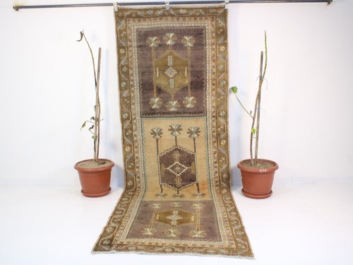 3,4x9,7 Fuß Vintage Türkischer Läufer Teppich - Handarbeit Wolle Braun Beige Tribal