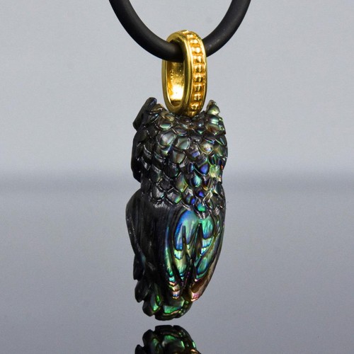 Colgante Buho Tallado Concha de Abulón Oro Vermeil Plata Ley Emerald Ojos 4.02g - Imagen 10 de 13
