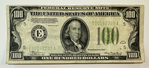1934 $100 Federal Reserve Note, Richmond, Lime Green Seal