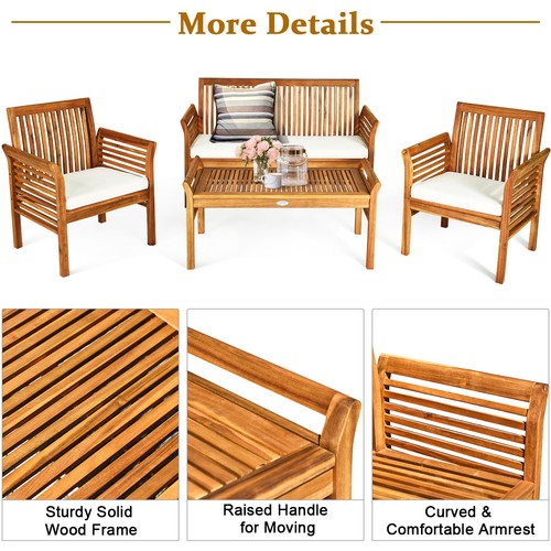 4PCS Wooden Patio Conversation Set Outdoor Furniture Set w/ Cushion - Picture 8 of 8