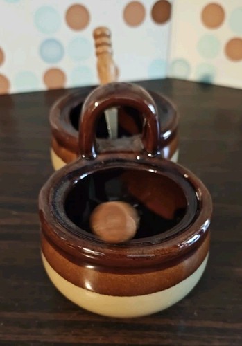 Vintage Steinzeug Gewürz braun und hellbraun Tropfglasur Topf doppelt mit Löffeln - Bild 4 von 7
