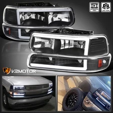 Black Fits 1999-2002 Chevy Silverado LED Tube Headlights+Bumper Signal Lamps