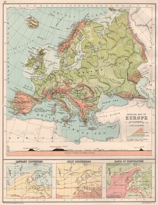 EUROPA PHYSIKALISCH. Januar & Juli Isothermen. Temperaturbereich. BARTHOLOMÄUS 1891 Karte