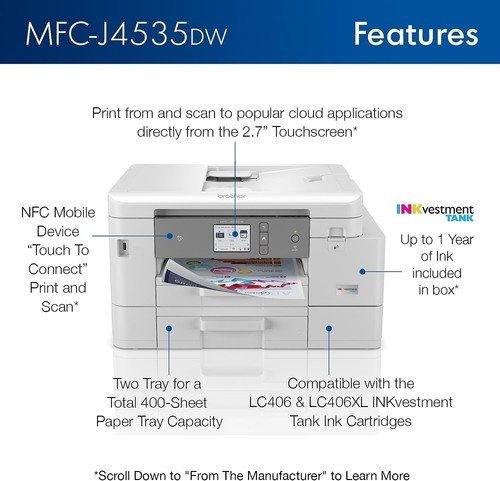 Brother MFC-J4535DW INKvestment -Tank All-in-One Color Inkjet Printer with NFC - Picture 3 of 9