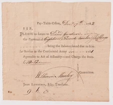 Revolutionary War Pay Order 1782 For Service in the Continental Army Document
