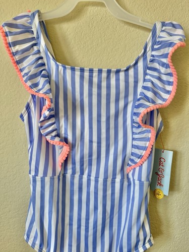 Cat & Jack Blue White Striped Ruffle Pom Pom Trim One Piece Swimsuit Size XL 14 - Picture 3 of 6