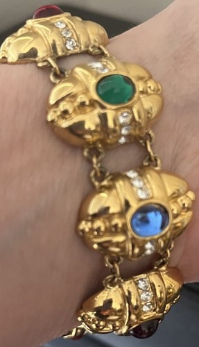 Vintage Goldton Multicolor Glas Cabochon und Kristall Gold Kette Armband 8" - Bild 11 von 11