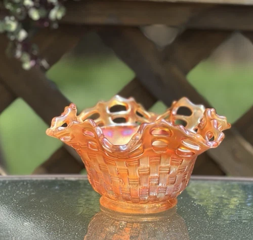 Fenton Marigold Carnival Glass Basketweave Bowl w/ Plain Interior Antique