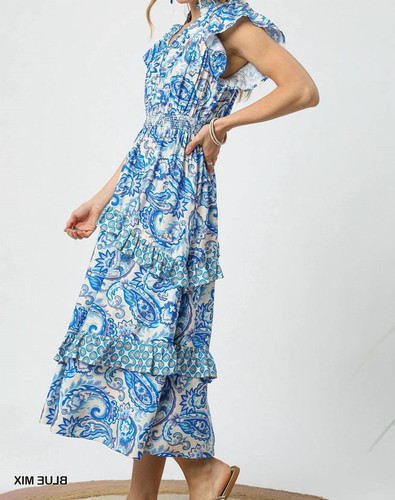 Umgee Ruffled Paisley Tiered Midi Dress Size S - Picture 3 of 5