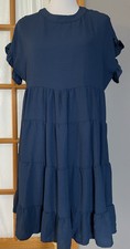 Miholl Womens Tiered Mini Dress L Navy Ruffles Sleeves Boho Chic Coastal Classic