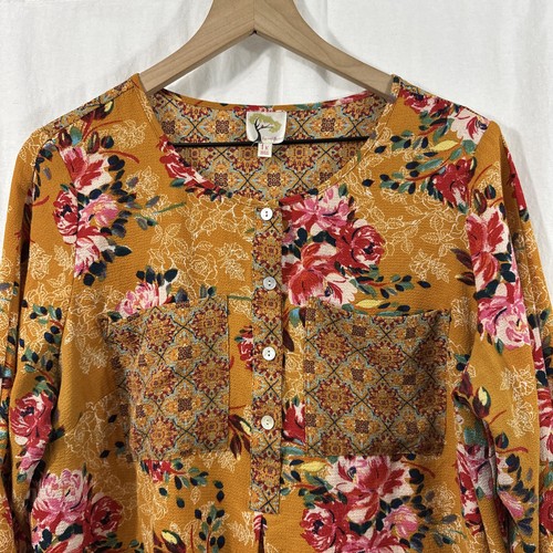 Fig & Flower Mustard Yellow Floral Boho Tunic Popover Top Womens Size 1X - Picture 4 of 10