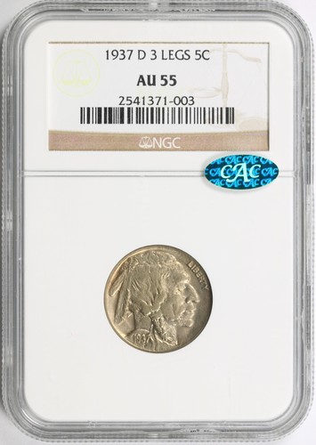 1937-D 3 gambe 5c bufalo nichel NGC CAC AU58 - Foto 1 di 4