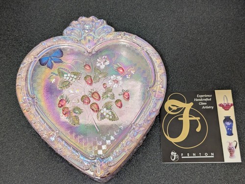 Fenton Hand Painted Signed Pink Iridescent Heart Shaped Glass Box with Berries