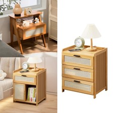 Nightstand Rattan Bedside Table w/ Cabinet Shelf Drawer Vintage Bedroom Storage