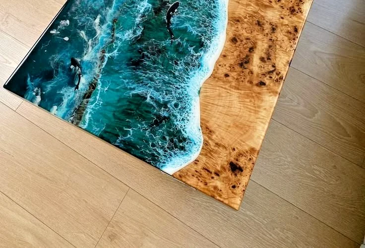 Ocean Wave Blue Epoxy Resin Acacia wooden furniture coffee dining table Top - Image 2 of 4