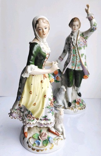 πRareπ Vintage Sitzendorf Figurines Couple with Lambs (with Chips) - Picture 9 of 21