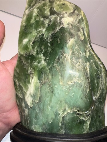 Free form Nephrite Jade Standing Specimen  1342 grams Polished Stone W/Wood Base - Picture 1 of 24