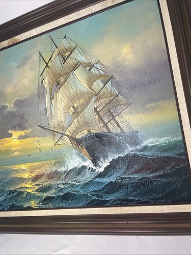 Vintage signed Preston Willis Clipper Ship Framed Painting Sailboat 30x26 - Picture 18 of 19