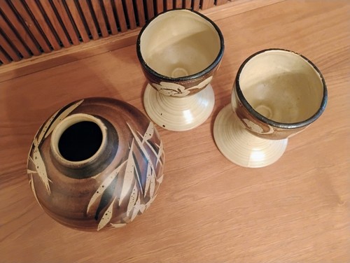 Set VTG Pacific Stoneware Pottery Goblets + Vase B Welsh MCM Brown Floral Leaves - Picture 2 of 4