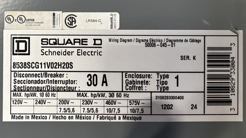 Motor de arranque combinado Square D 8538SCG11V02H20S tipo S 7,5–10 HP NEMA 1 sin revoluciones - Imagen 5 de 10