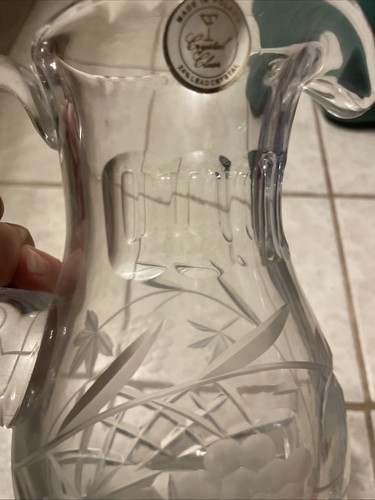 Vtg Crystal Clear Lead Crystal Water Pitcher With Grapes And Leaves Sticker - Picture 7 of 11