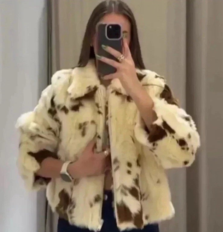 ZARA NEW WOMAN SHORT ANIMAL PRINT FAUX FUR JACKET XS 4341/779 - Image 3 of 4