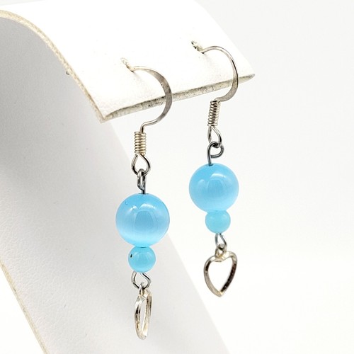 Artisan Blue Glass Cat's Eye Drop Dangle Earrings Heart Dangle Silver Tone 1 1/2 - Picture 3 of 4