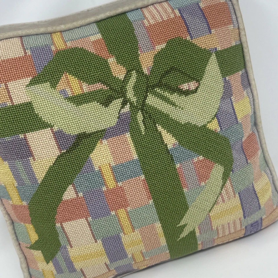 VTG Needlepoint Pillow Cushion Square Christmas Gift 12x12” Bow Coquette Pastel - Image 2 of 4