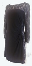 CHAPS by Ralph Lauren Lace Trim Draped Black Sheath Dress. Size L. NEW with tag.