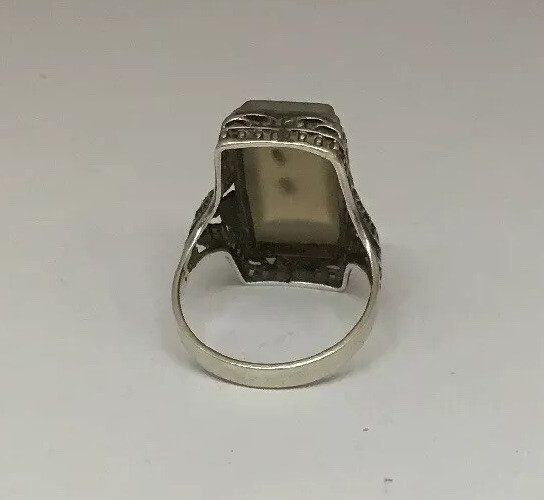 VINTAGE ART DECO Sterling Silver Filigree MOSS AGATE DESIGN RING Size 7 1/2 Najnowsze prace, 100% nowe