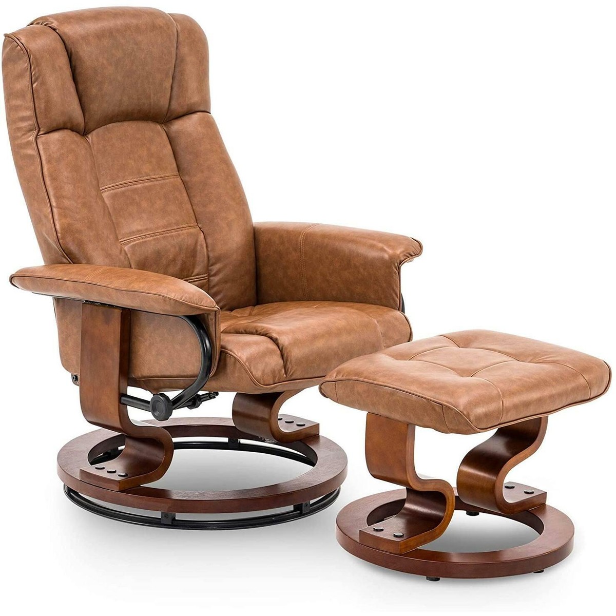 Mcombo Swiveling Recliner Chair With Wood Base And Ottoman