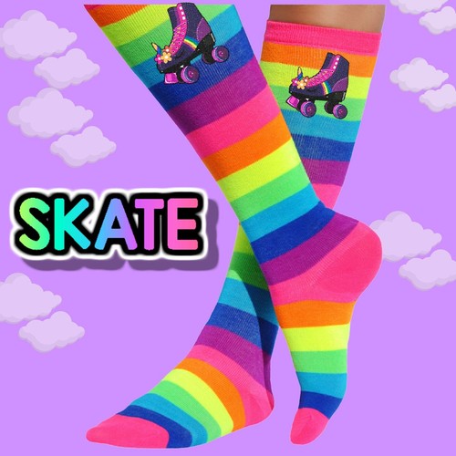 Girls Socks Rainbow Stripe Knee High Stockings Kids Skating Party Roller Skates - Picture 2 of 5