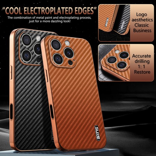 For iPhone 16 Pro Max/16/15/14/11 Luxury Plating Carbon Fiber Texture Phone Case - Picture 3 of 12