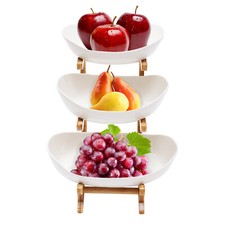 3 Tier Ceramic Fruit Basket Serving Stand Serving Bowl with Bamboo Wooden Frame