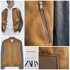 NWT Zara Faux Suede Combined Bomber Jacket SML Full Zip in Camel/Med Hthr Gray