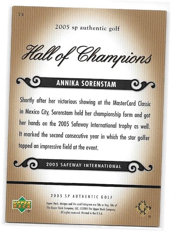 2005 Upper Deck UD SP Authentic Golf #73 Annika Sorenstam Hall of Champions /500 - Image 2 of 2