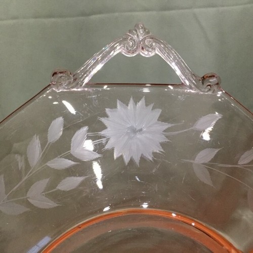 Lancaster Jubiläum rosa geätzte Depression Glasgriff Kuchenplatte 1930er Vintage - Bild 4 von 12