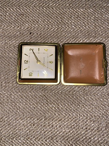 Vintage Westclox Travel Alarm Clock Wind Up Tan Folding Tested & Working Japan - Picture 8 of 11